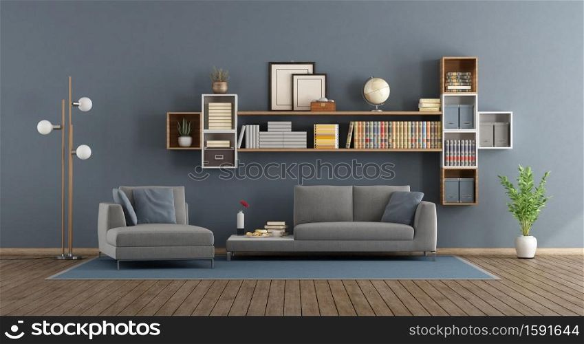 Blue modern living room with sofa, chaise lounge and bookcase - 3d rendering. Blue modern living room
