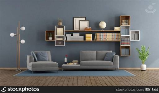 Blue modern living room with sofa, chaise lounge and bookcase - 3d rendering. Blue modern living room