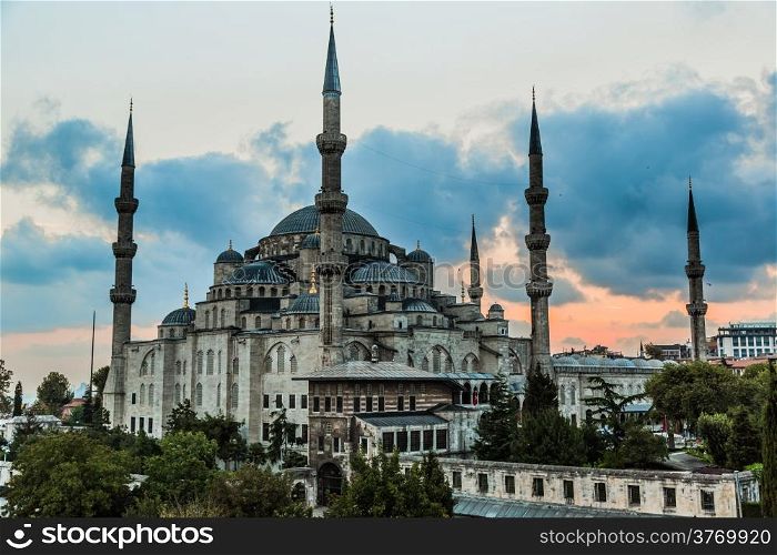Blue Mosque in Istanbul, Turkey&#xA;View at early evening. Sultan Ahmed Mosque