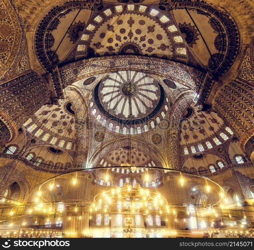 Blue Mosque interior. Also know as the Sultan Ahmed Mosquei n Istanbul, Turkey. Blue Mosque Sultan Ahmet Cami