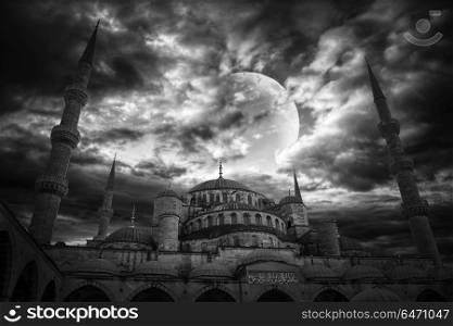 Blue Mosque, Istanbul. At night against the background of the moon. black and white photography. Sultanahmet is located in Istanbul.