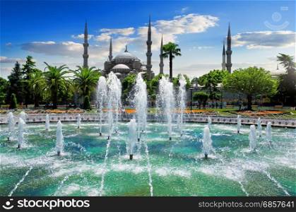 Blue Mosque or Sultanahmet Camii and fountain at sunny summer day in Istanbul, Turkey