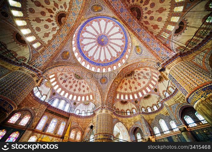 Blue Mosque ( Turkish: Sultan Ahmet Cami) interior architecture in Istanbul, Turkey