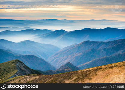 Blue mountains and hills at beautiful sunset