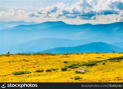 Blue mountains landscape and grass meadow