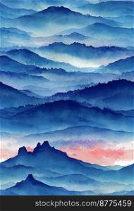 Blue mountains watercolor background design 3d illustrated