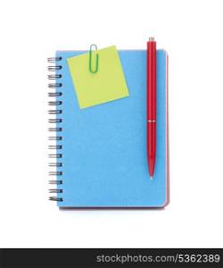 Blue notebook with notice papers and pen isolated on white background cutout