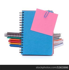 Blue notebook with notice papers isolated on white background cutout