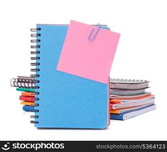 Blue notebook with notice papers isolated on white background cutout