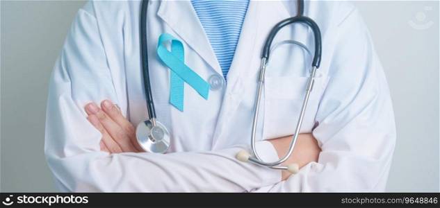 Blue November Prostate Cancer Awareness month, Doctor with Blue Ribbon in hospital for support people life and illness. Healthcare, International men, Father, Diabetes and World cancer day