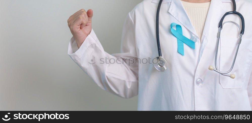 Blue November Prostate Cancer Awareness month, Doctor with Blue Ribbon in hospital for support people life and illness. Healthcare, International men, Father, Diabetes and World cancer day