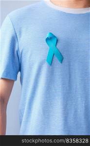 Blue November Prostate Cancer Awareness month, Man in blue shirt with Blue Ribbon for support people life and illness. Healthcare, International men, Father, Diabetes and World cancer day