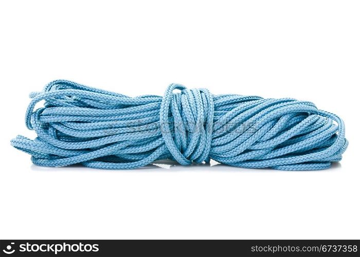 Blue nylon utility rope over a white background