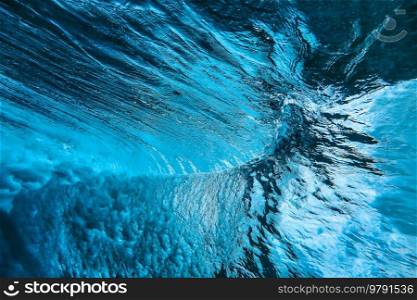 Blue ocean wave, underwater view, power in nature