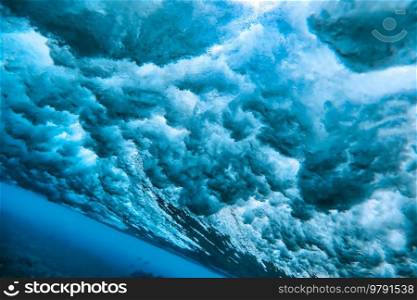 Blue ocean wave, underwater view, power in nature