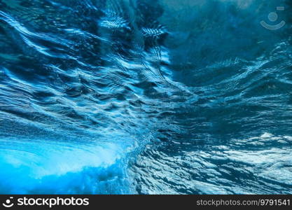 Blue ocean wave, underwater view, power in nature