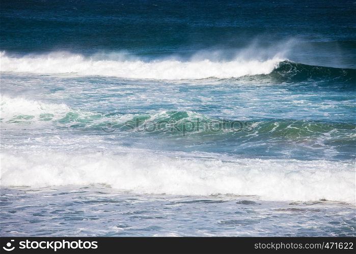 Blue ocean waves. Big waves at sunny day. Atlantic ocean, Florida, USA