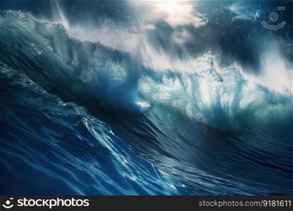 Blue ocean with big waves. Generative AI