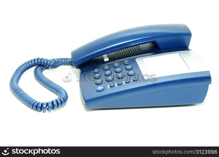 blue office telephone on a white background