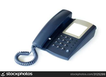 blue office telephone on a white background