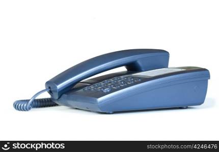 blue office telephone on a white background