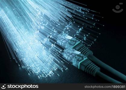 blue optic fiber with ethernet cables. Resolution and high quality beautiful photo. blue optic fiber with ethernet cables. High quality beautiful photo concept