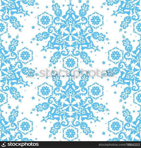 Blue ornament on white background seamless vector template. Blue and white color. For fabric, wallpaper, venetian pattern,textile, packaging.. Blue ornament on white background seamless vector
