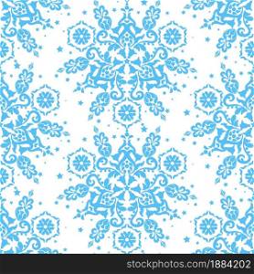 Blue ornament on white background seamless vector template. Blue and white color. For fabric, wallpaper, venetian pattern,textile, packaging.. Blue ornament on white background seamless vector
