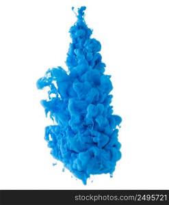 Blue paint cloud in water isolated on white background