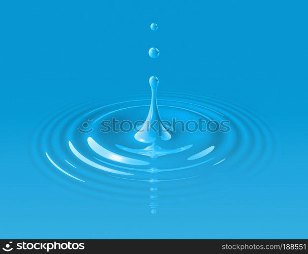 Blue paint drop splashing and making ripple. 3D illustration. Blue paint drop and ripple