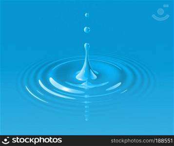 Blue paint drop splashing and making ripple. 3D illustration. Blue paint drop and ripple
