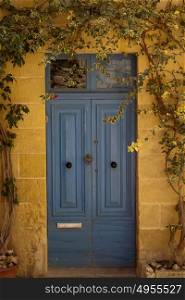 Blue painted door Gozo, Malta with plants climbing around