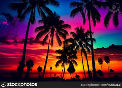 Blue palm trees at sunset.  Generative AI 