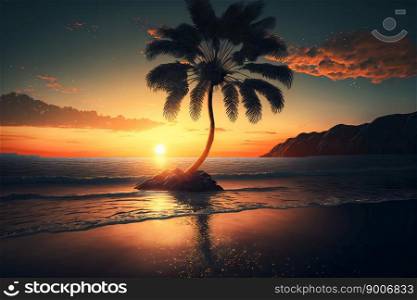 Blue palm trees at sunset.  Generative AI 