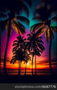 Blue palm trees at sunset.  Generative AI

