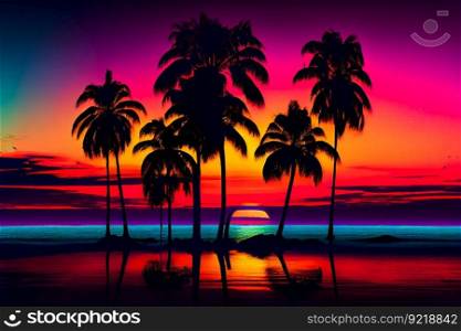 Blue palm trees at sunset.  Generative AI
