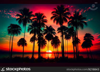 Blue palm trees at sunset.  Generative AI
