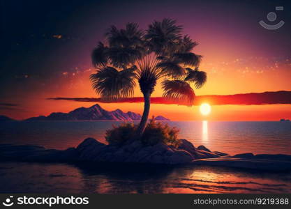 Blue palm trees at sunset.  Generative AI 