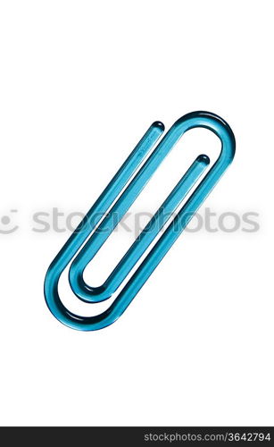 Blue paper clip against white background