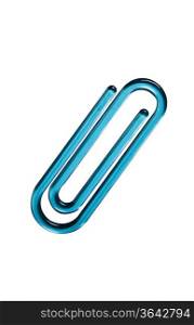 Blue paper clip against white background