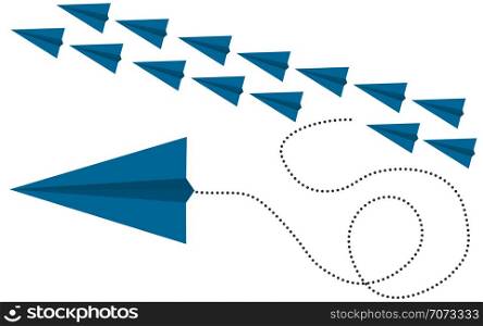 Blue paper plane changing direction, 3D rendering