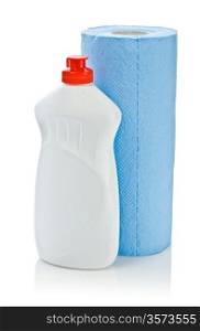 blue paper towel and kitchen cleaner bottle isolated