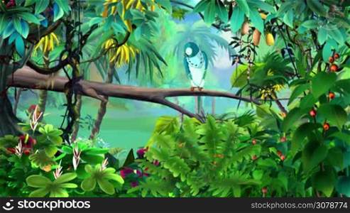 Blue parrot sits on a branch in the jungle on a summer day. Handmade animation, motion graphic.