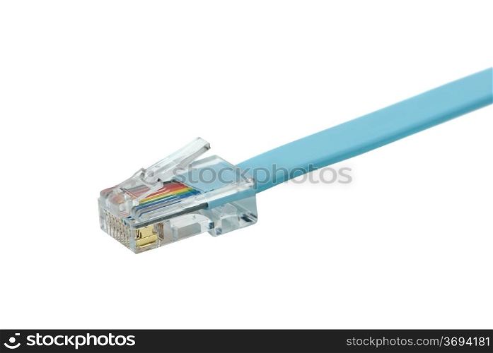 Blue patchkord with RJ45 connector isolated on the white background