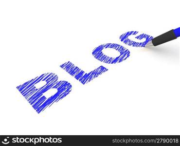 Blue pencil writing blog on white background. 3d