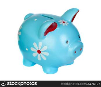 Blue piggy bank with flowers isolated on white background