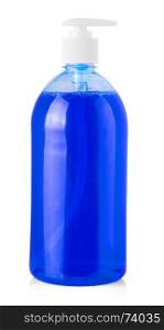 blue plastic bottle with liquid laundry detergent, cleaning agent, bleach or fabric softener isolated on white background