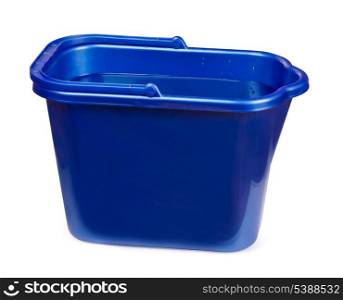 Blue plastic bucket filled with water isolated on white