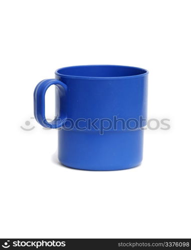 Blue plastic camping cup isolated on white