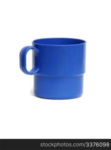 Blue plastic camping cup isolated on white